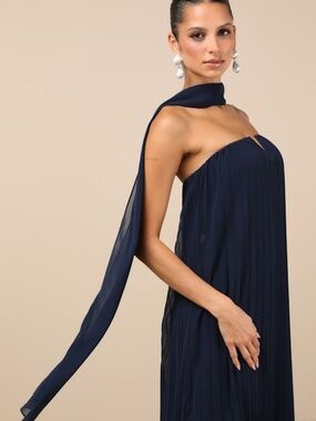 Lulus Lael Navy Pleated Strapless Dress And Scarf Set Blue - Size L